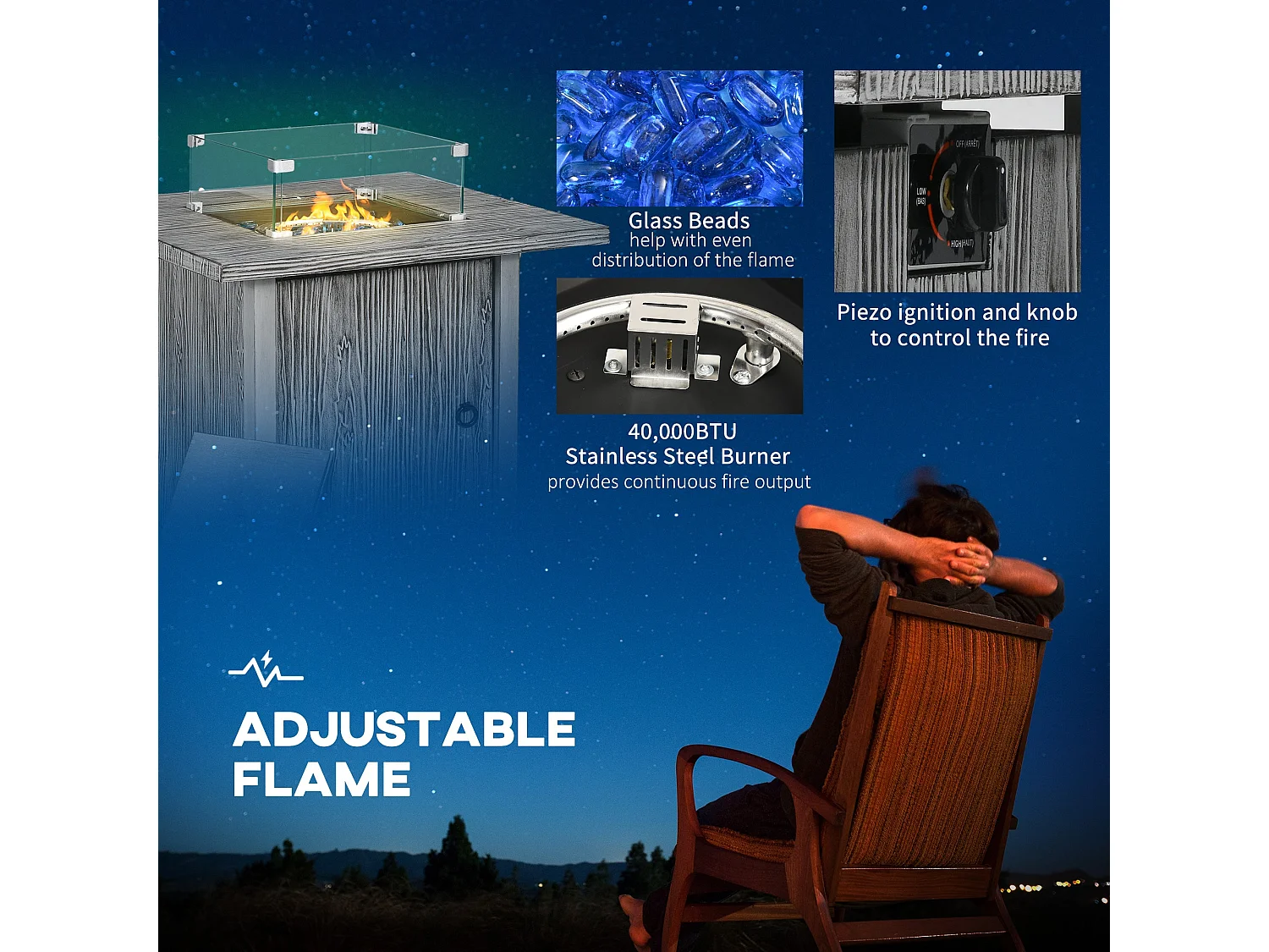 Grey Wood Effect Gas Fire Pit Table 50000 BTU with Cover and Glass Screen