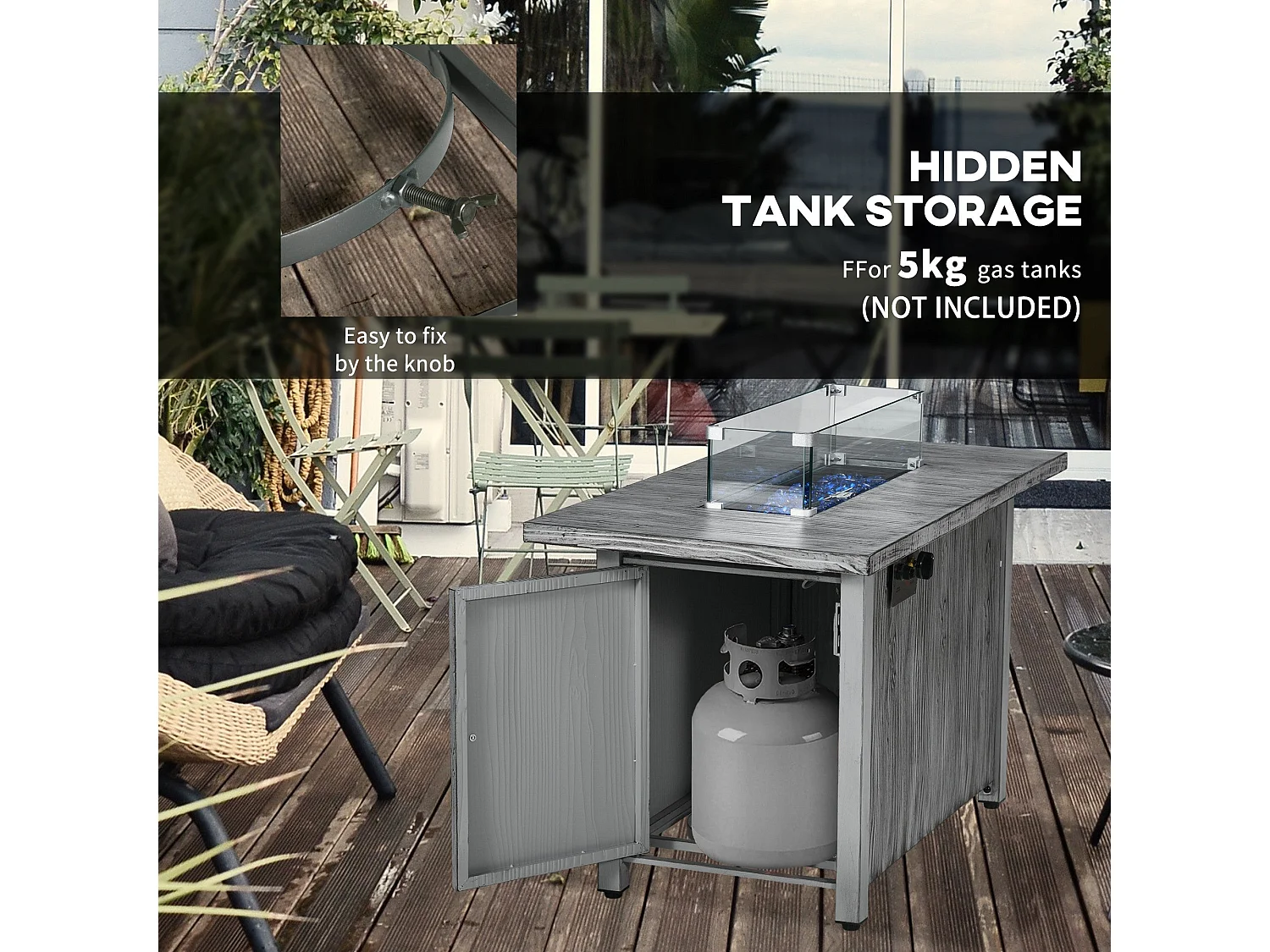 Grey Wood Effect Gas Fire Pit Table 50000 BTU with Cover and Glass Screen
