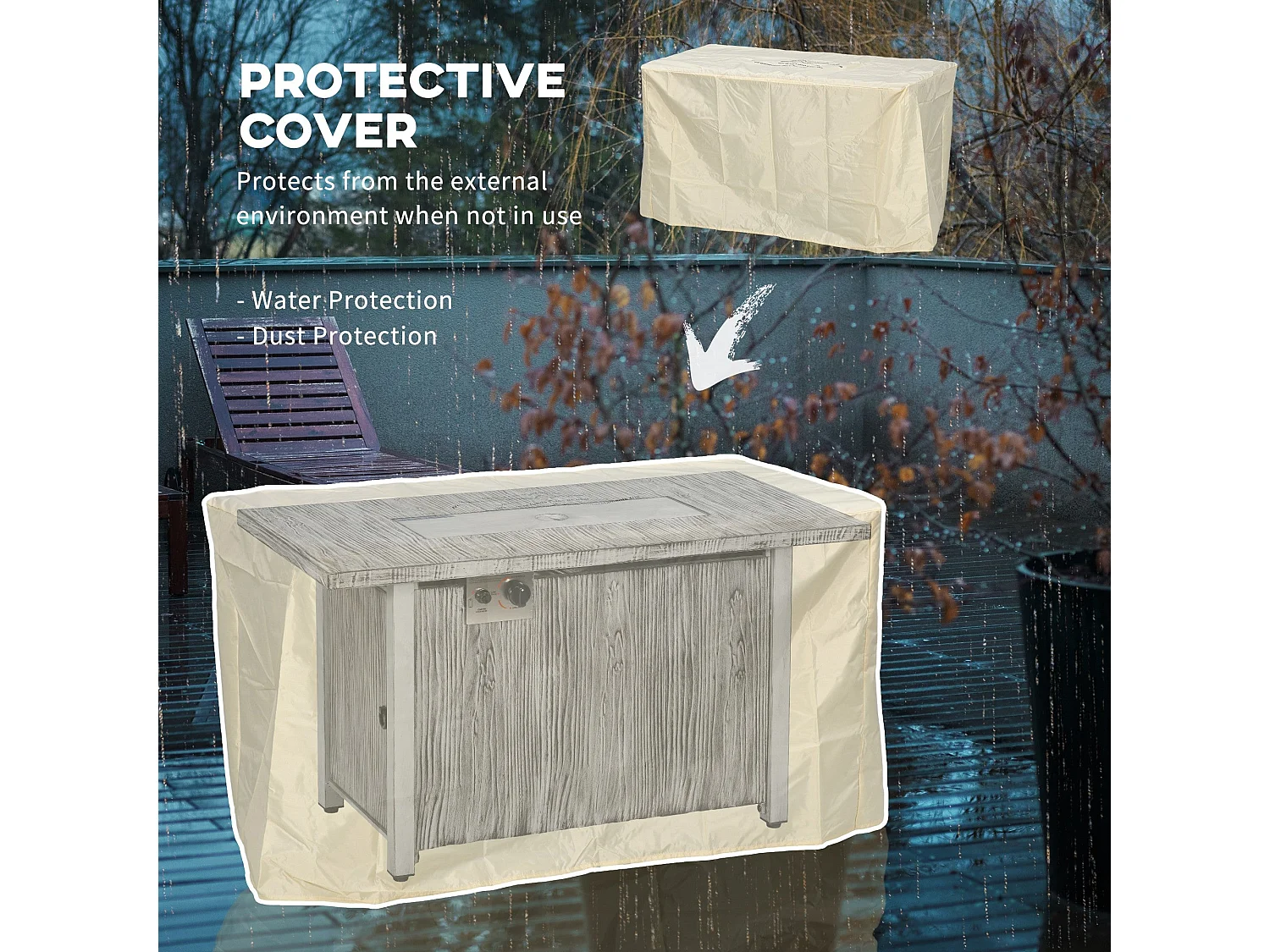 Grey Wood Effect Gas Fire Pit Table 50000 BTU with Cover and Glass Screen