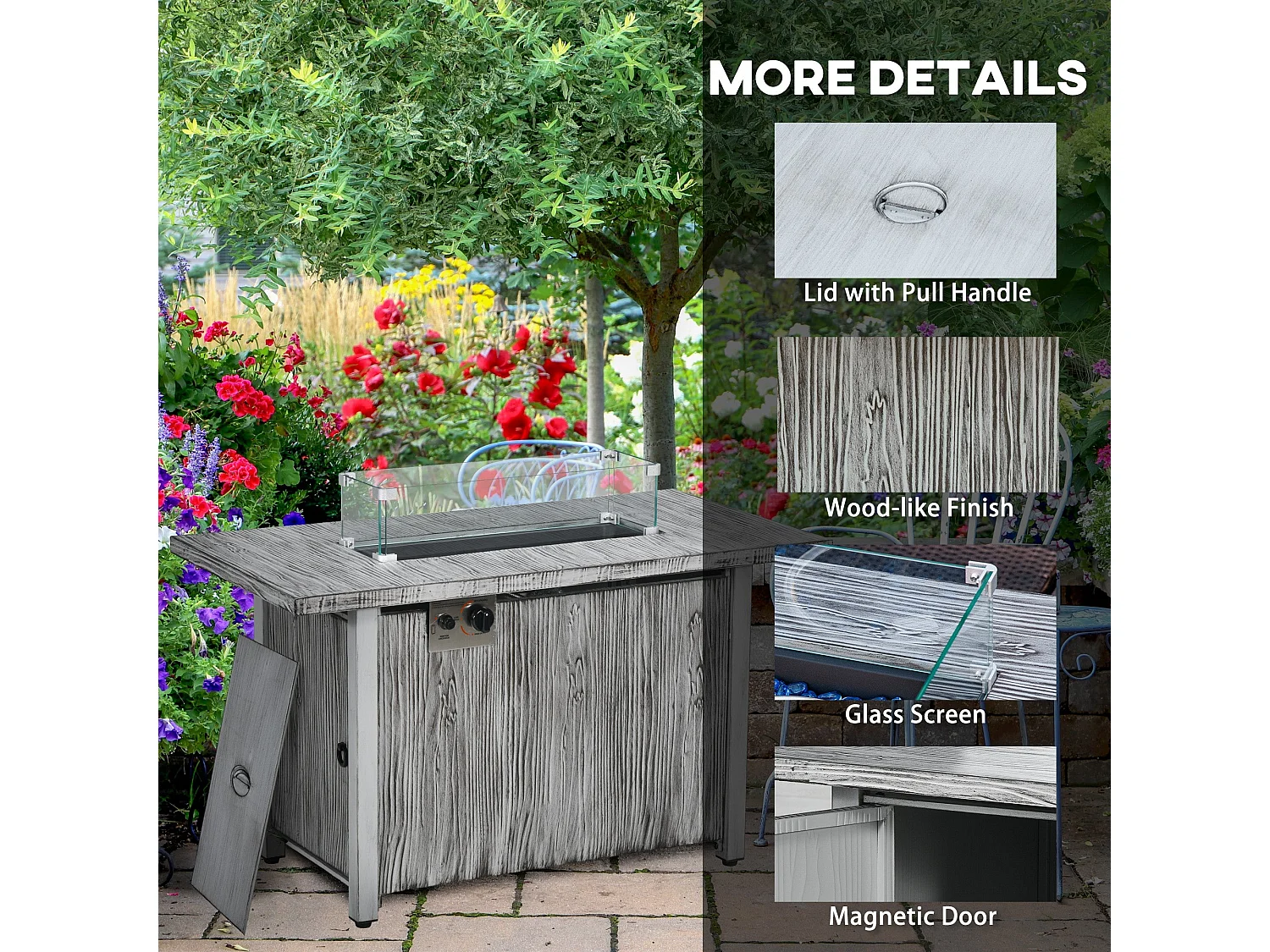 Grey Wood Effect Gas Fire Pit Table 50000 BTU with Cover and Glass Screen