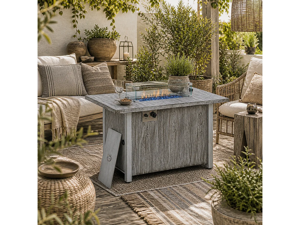 Grey Wood Effect Gas Fire Pit Table 50000 BTU with Cover and Glass Screen