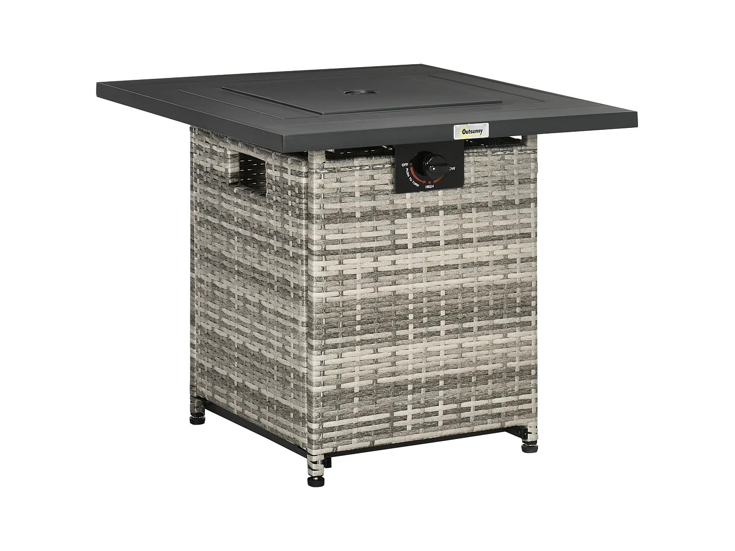 Rata Faux Rattan Grey Square Gas Fire Pit Table 40000 BTU Mesh Lid Rain Cover Lava Rocks