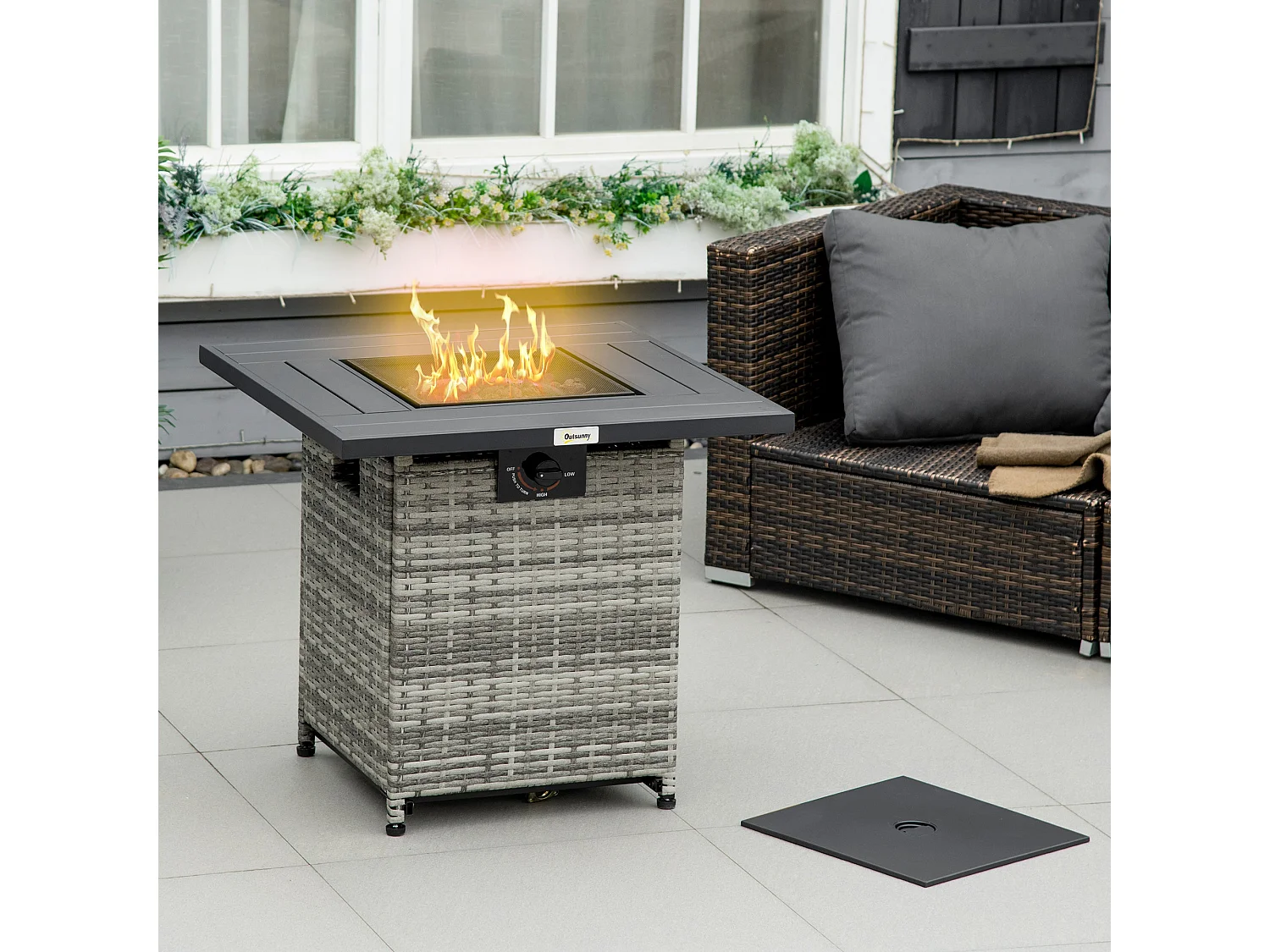 Rata Faux Rattan Grey Square Gas Fire Pit Table 40000 BTU Mesh Lid Rain Cover Lava Rocks