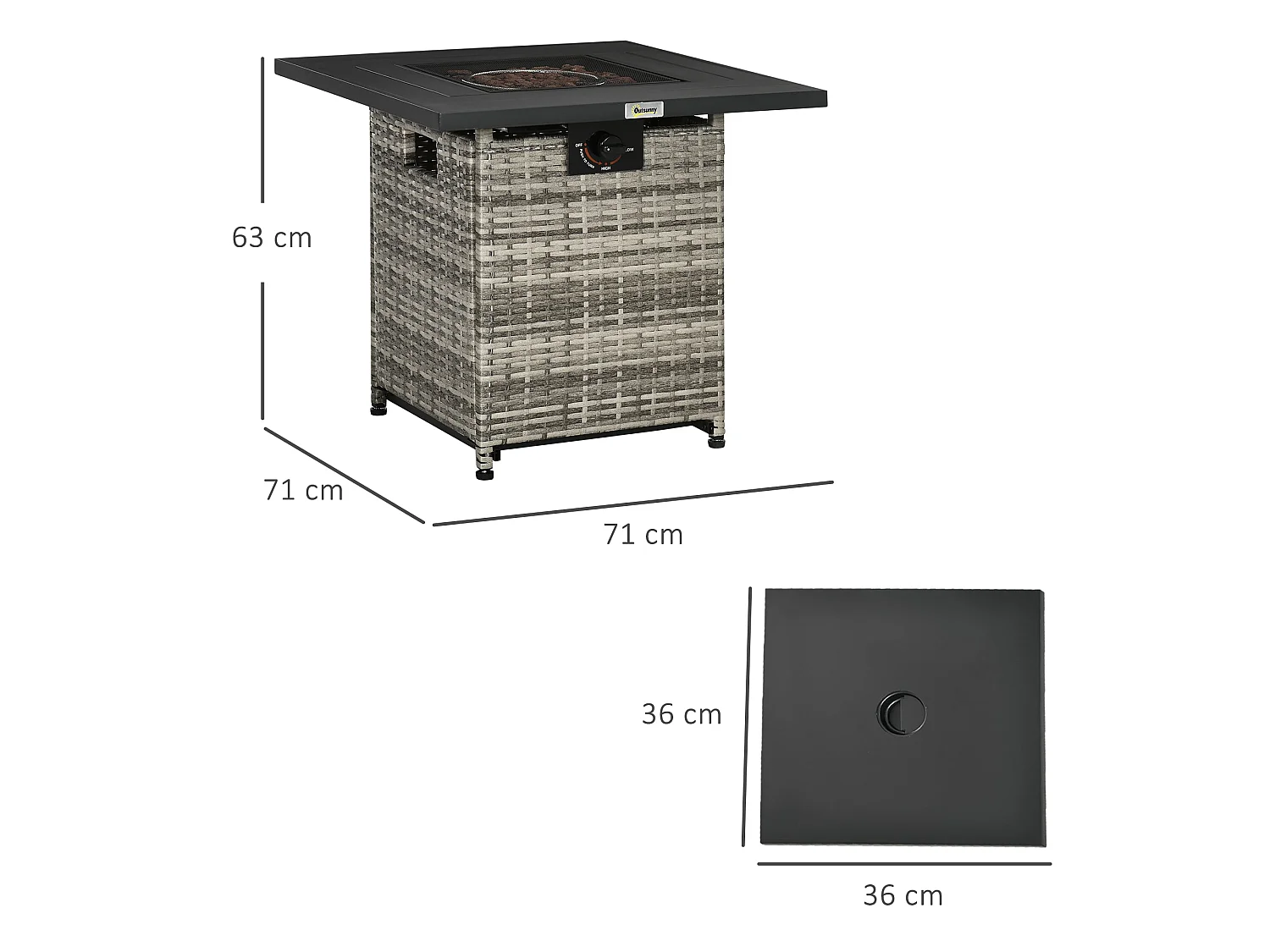 Rata Faux Rattan Grey Square Gas Fire Pit Table 40000 BTU Mesh Lid Rain Cover Lava Rocks