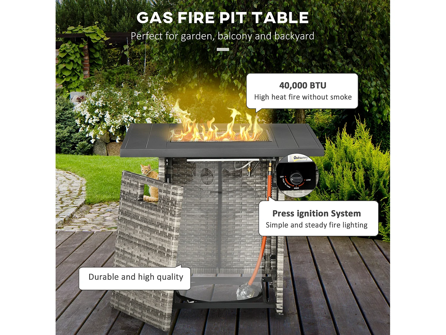 Rata Faux Rattan Grey Square Gas Fire Pit Table 40000 BTU Mesh Lid Rain Cover Lava Rocks