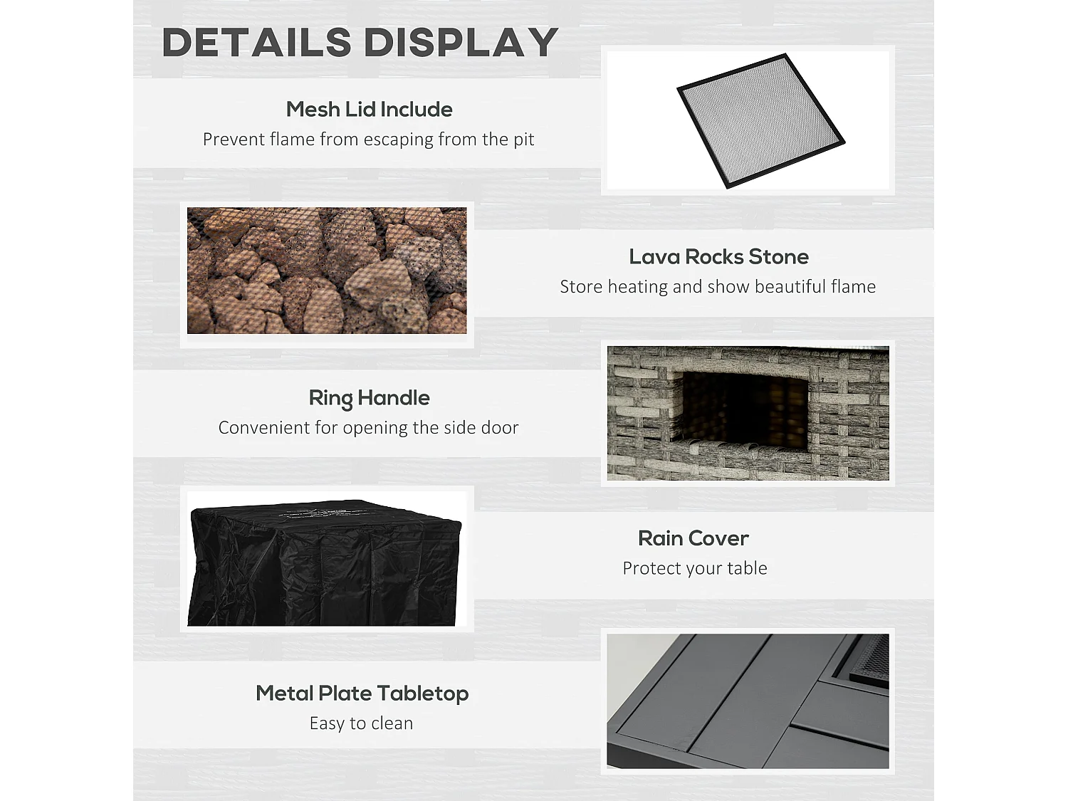 Rata Faux Rattan Grey Square Gas Fire Pit Table 40000 BTU Mesh Lid Rain Cover Lava Rocks