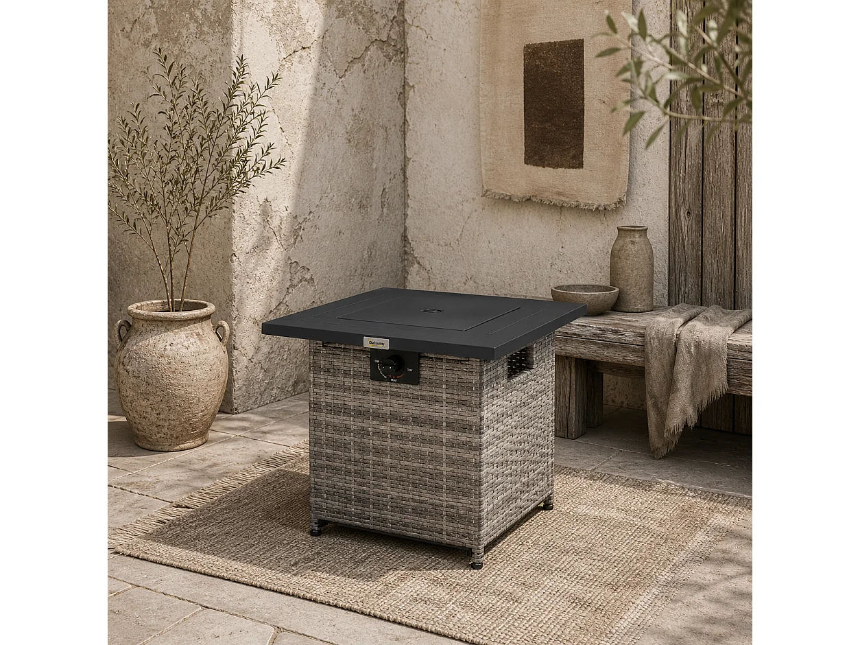Rata Faux Rattan Grey Square Gas Fire Pit Table 40000 BTU Mesh Lid Rain Cover Lava Rocks