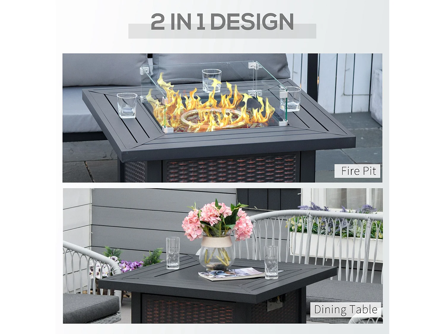Rattan Effect Square Propane Gas Fire Pit Table Black and Brown
