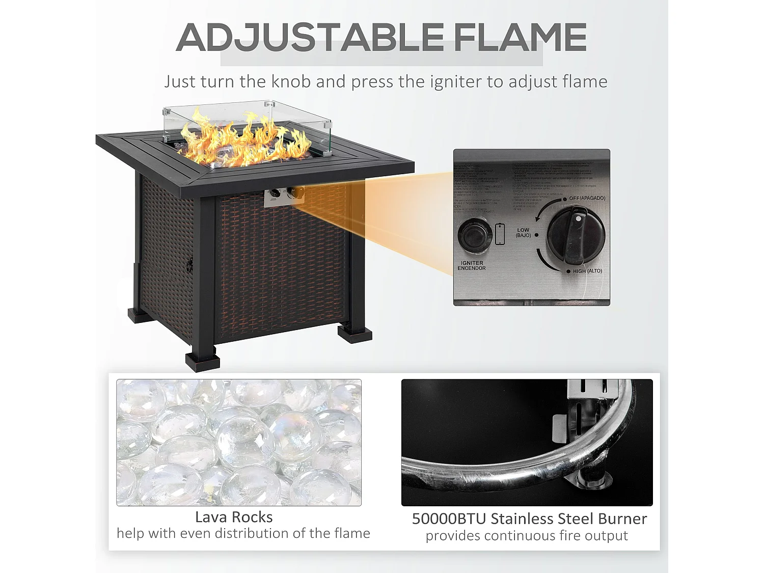 Rattan Effect Square Propane Gas Fire Pit Table Black and Brown