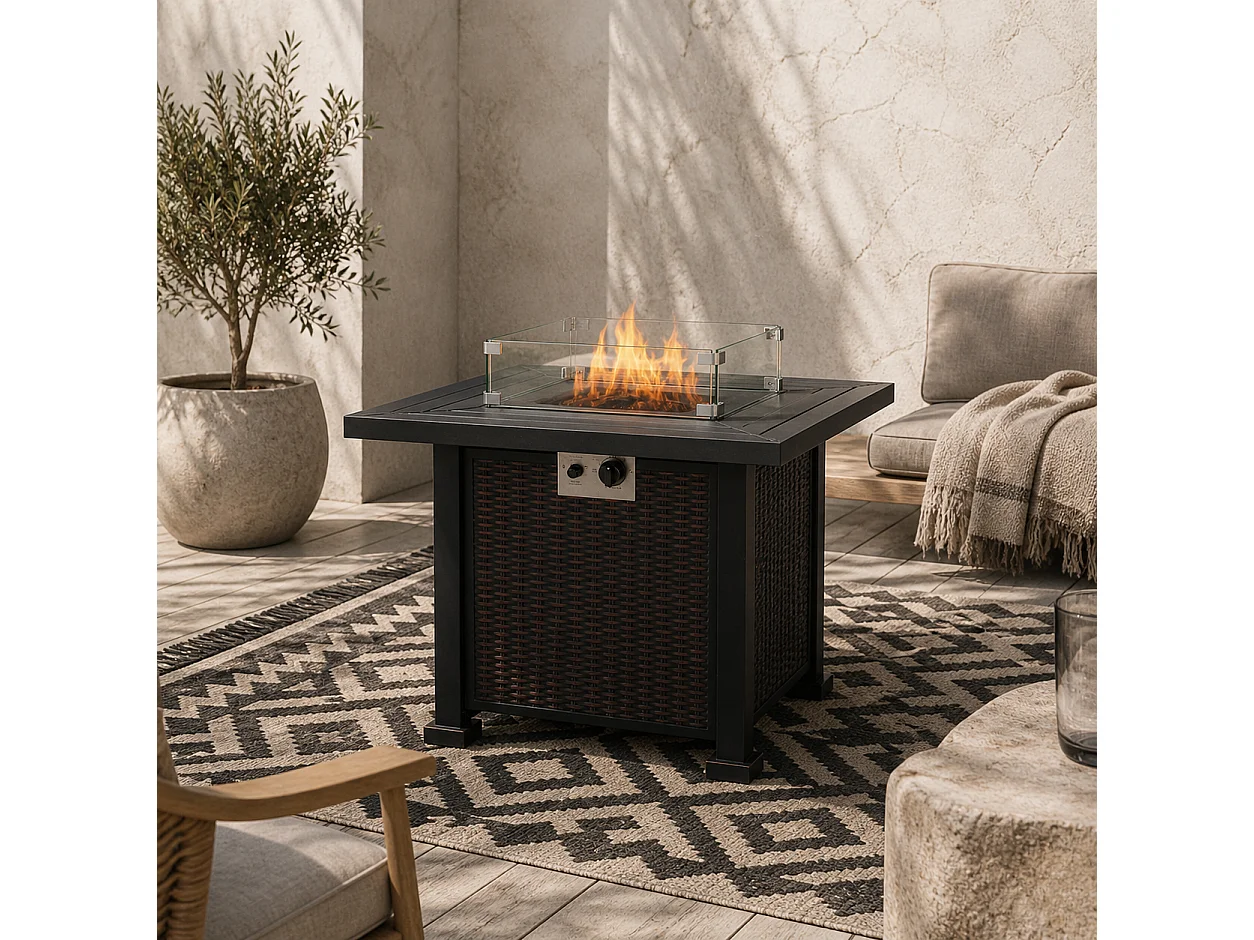 Rattan Effect Square Propane Gas Fire Pit Table Black and Brown