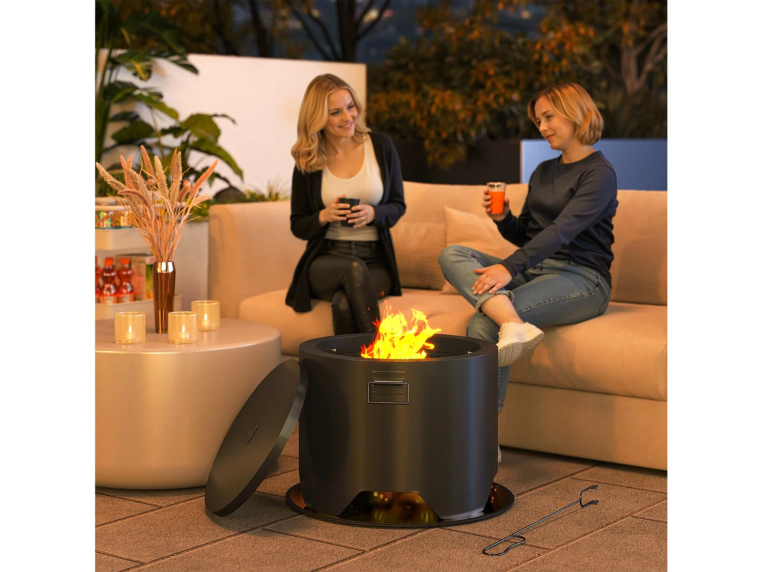 Ralarari 60cm Black Steel Round Outdoor Fire Pit with Lid