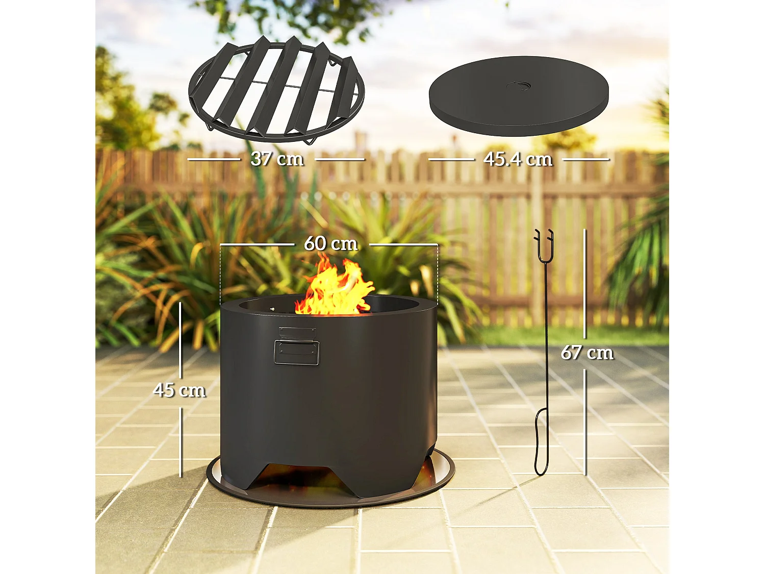 Ralarari 60cm Black Steel Round Outdoor Fire Pit with Lid