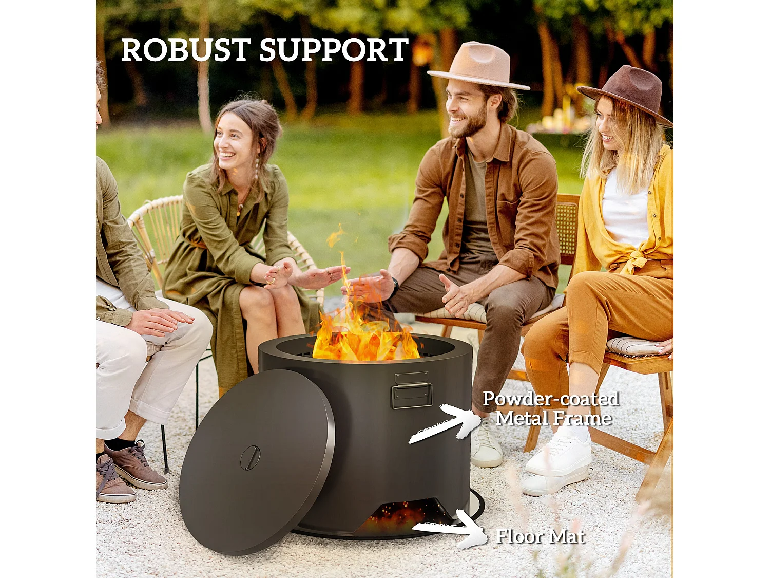 Ralarari 60cm Black Steel Round Outdoor Fire Pit with Lid