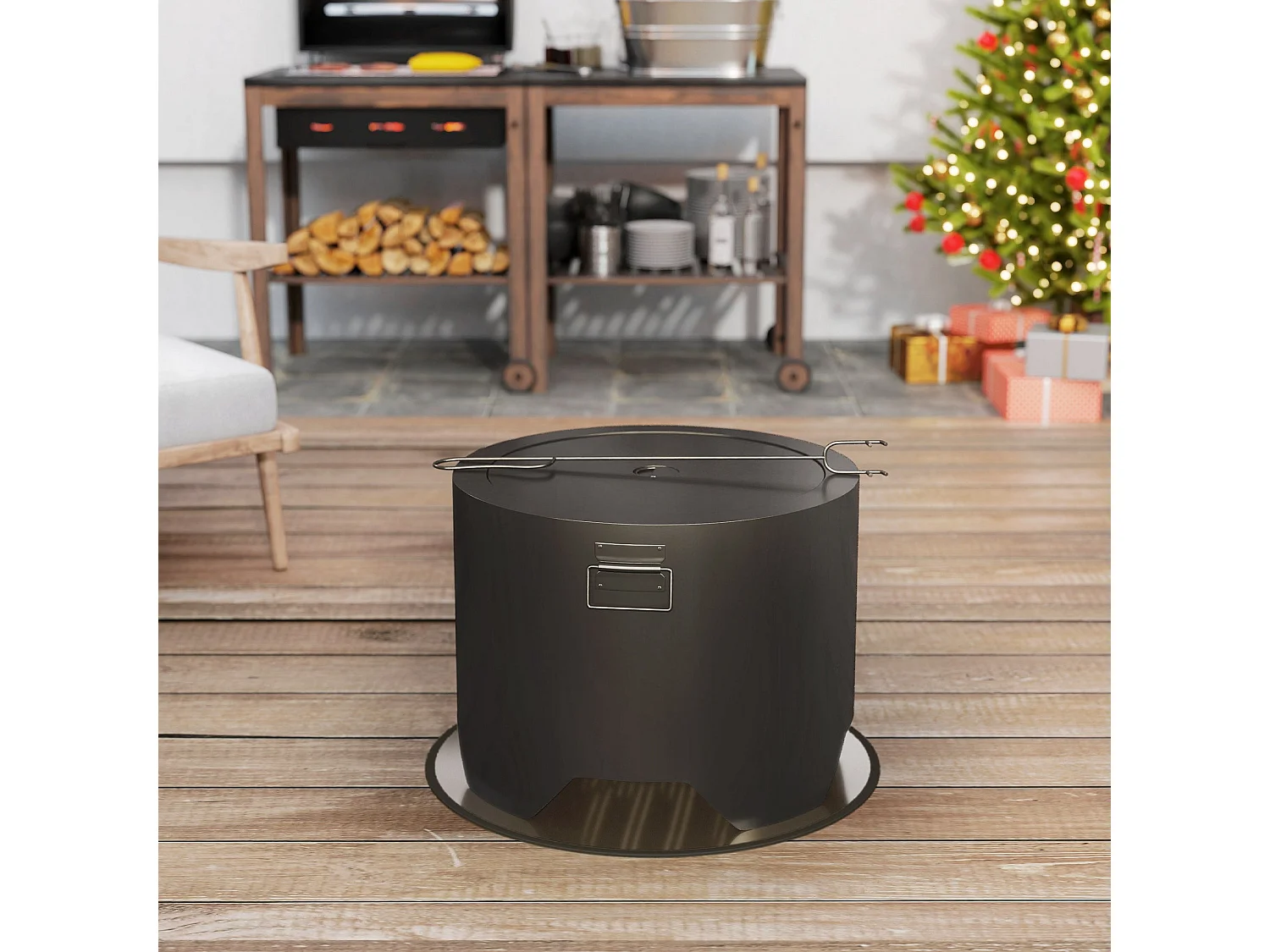 Ralarari 60cm Black Steel Round Outdoor Fire Pit with Lid