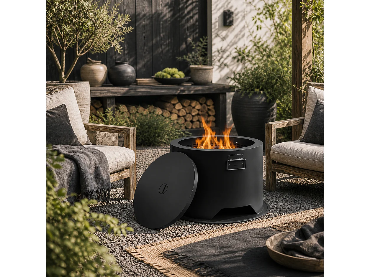 Ralarari 60cm Black Steel Round Outdoor Fire Pit with Lid