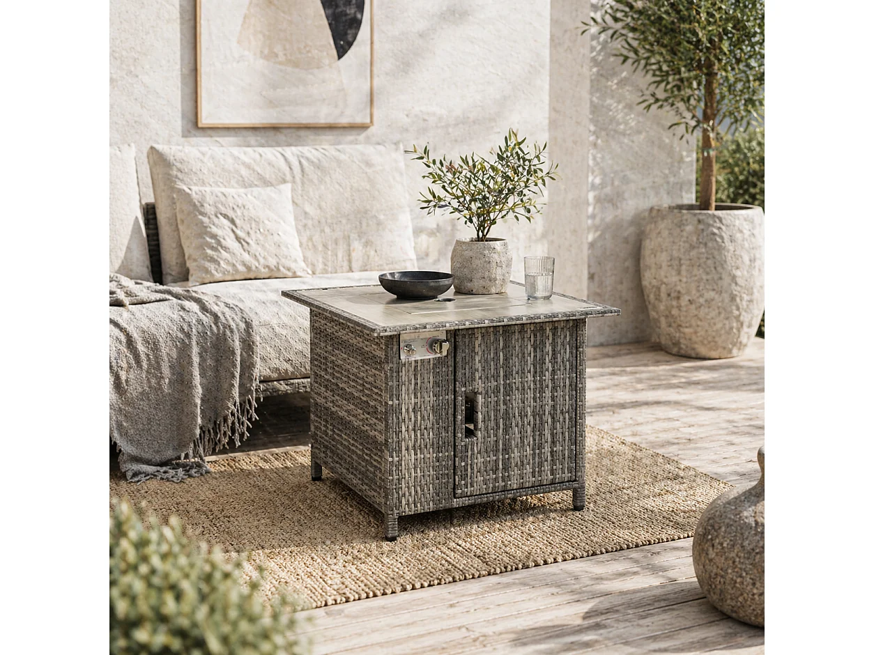 Hara Luri Grey Rattan Square Outdoor Gas Fire Pit Table