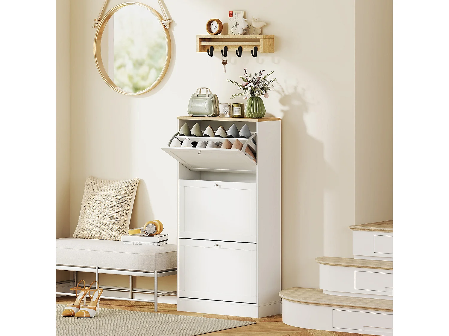 Lone Compact 3 Drawer Shoe Cabinet White and Natural Slim 60cm