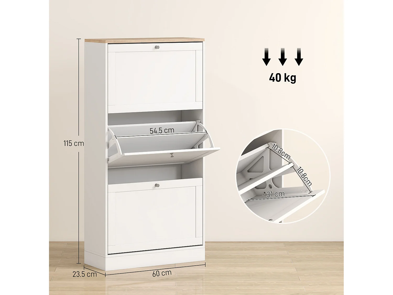 Lone Compact 3 Drawer Shoe Cabinet White and Natural Slim 60cm