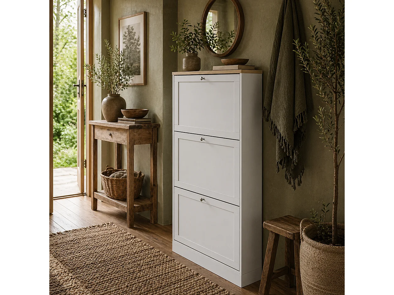 Lone Compact 3 Drawer Shoe Cabinet White and Natural Slim 60cm