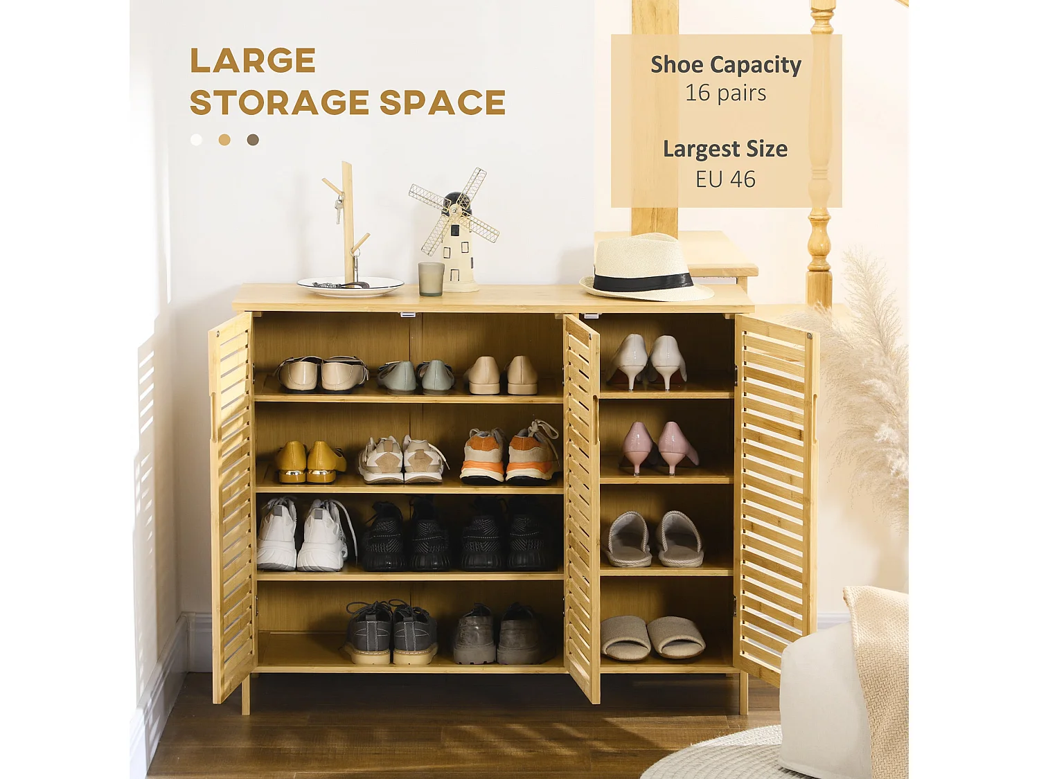 Elfi Naba Rustic Bamboo 3 Door Shoe Cabinet with 8 Shelves