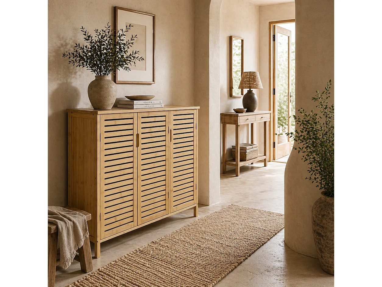 Elfi Naba Rustic Bamboo 3 Door Shoe Cabinet with 8 Shelves