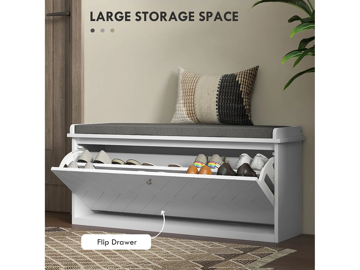 Rakamo White Shoe Bench with Grey Padded Seat Fits up to 10 Pairs