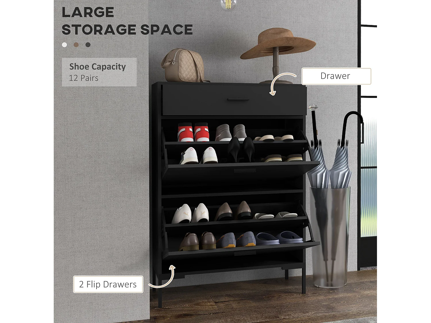 Sopane Black Slim Shoe Cabinet 3 Doors 12 Pair Capacity
