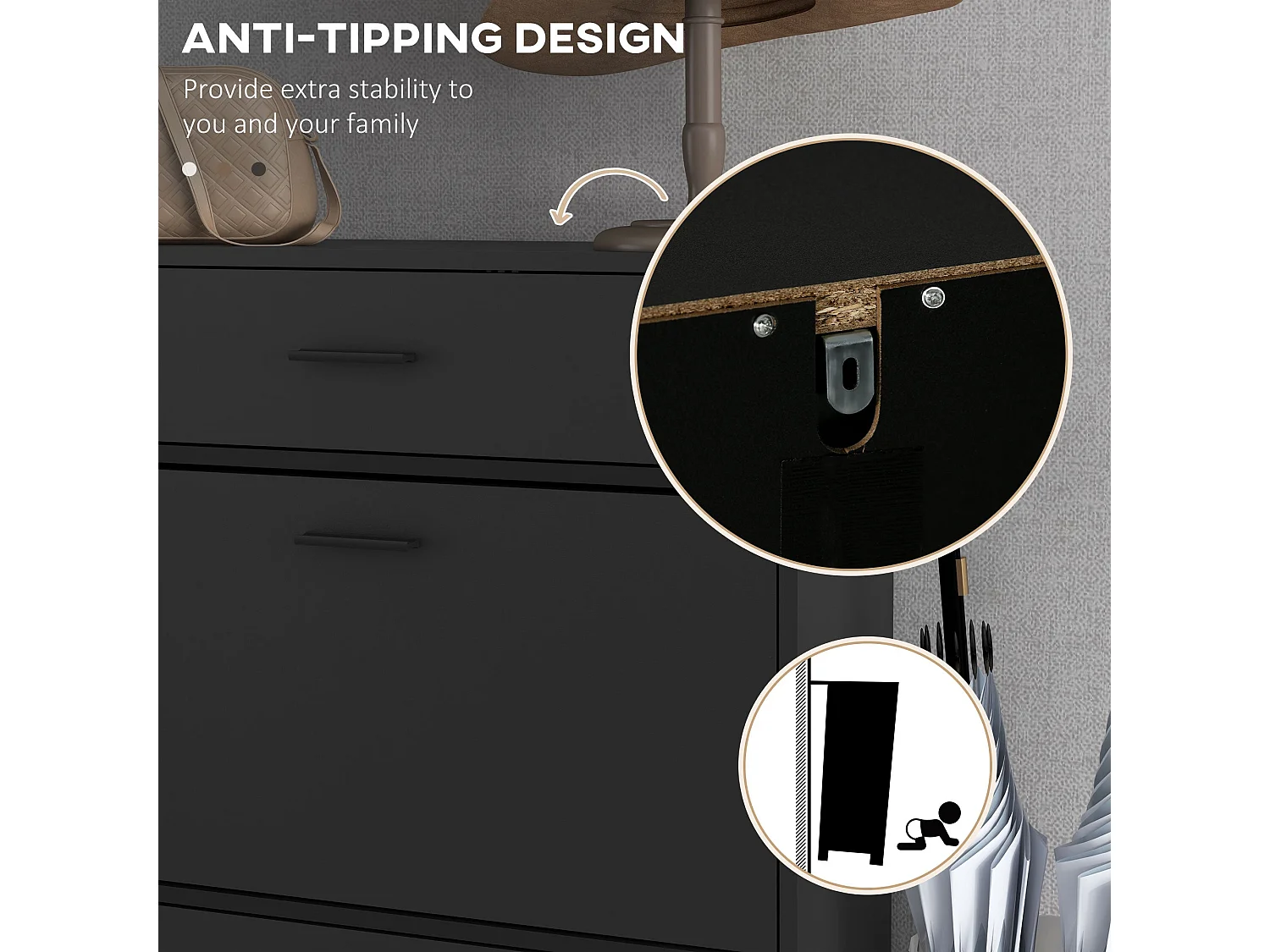 Sopane Black Slim Shoe Cabinet 3 Doors 12 Pair Capacity