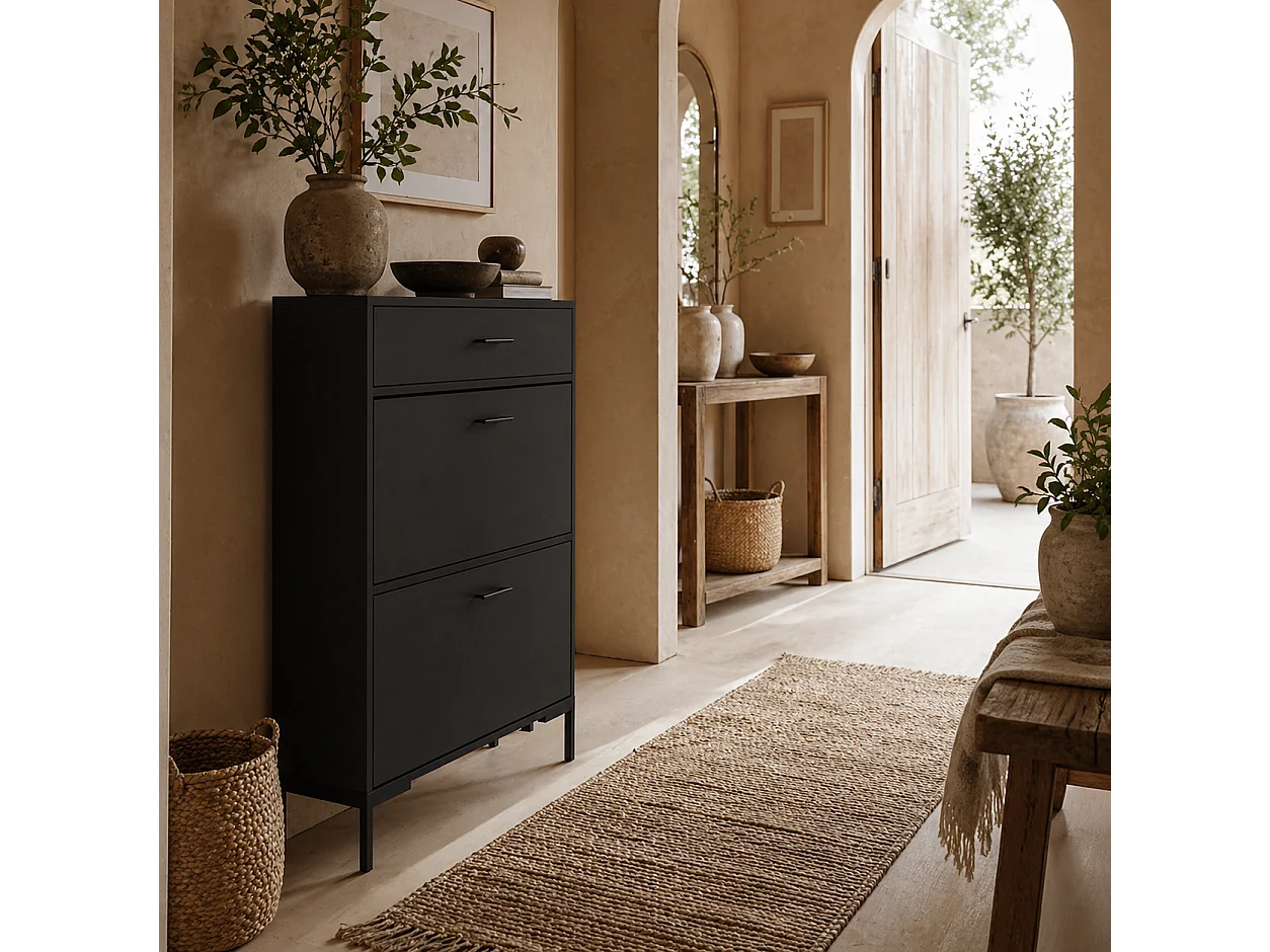 Sopane Black Slim Shoe Cabinet 3 Doors 12 Pair Capacity