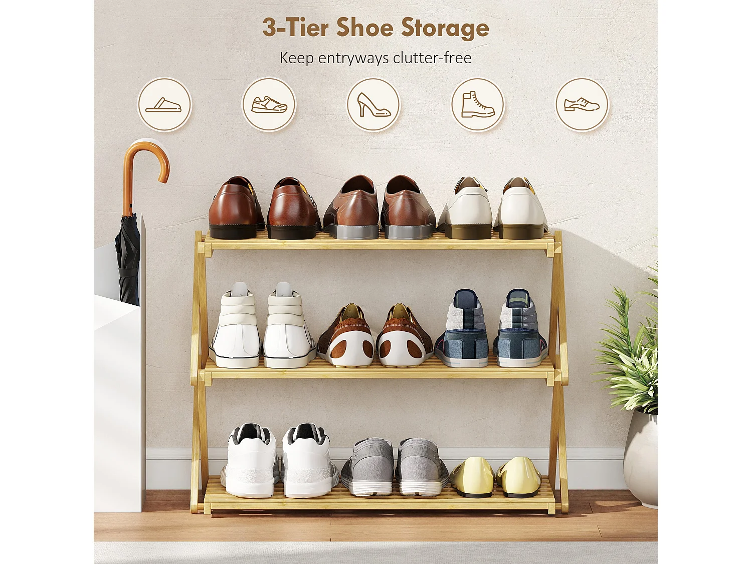 Palu Natural Bamboo 3 Tier Folding Shoe Rack