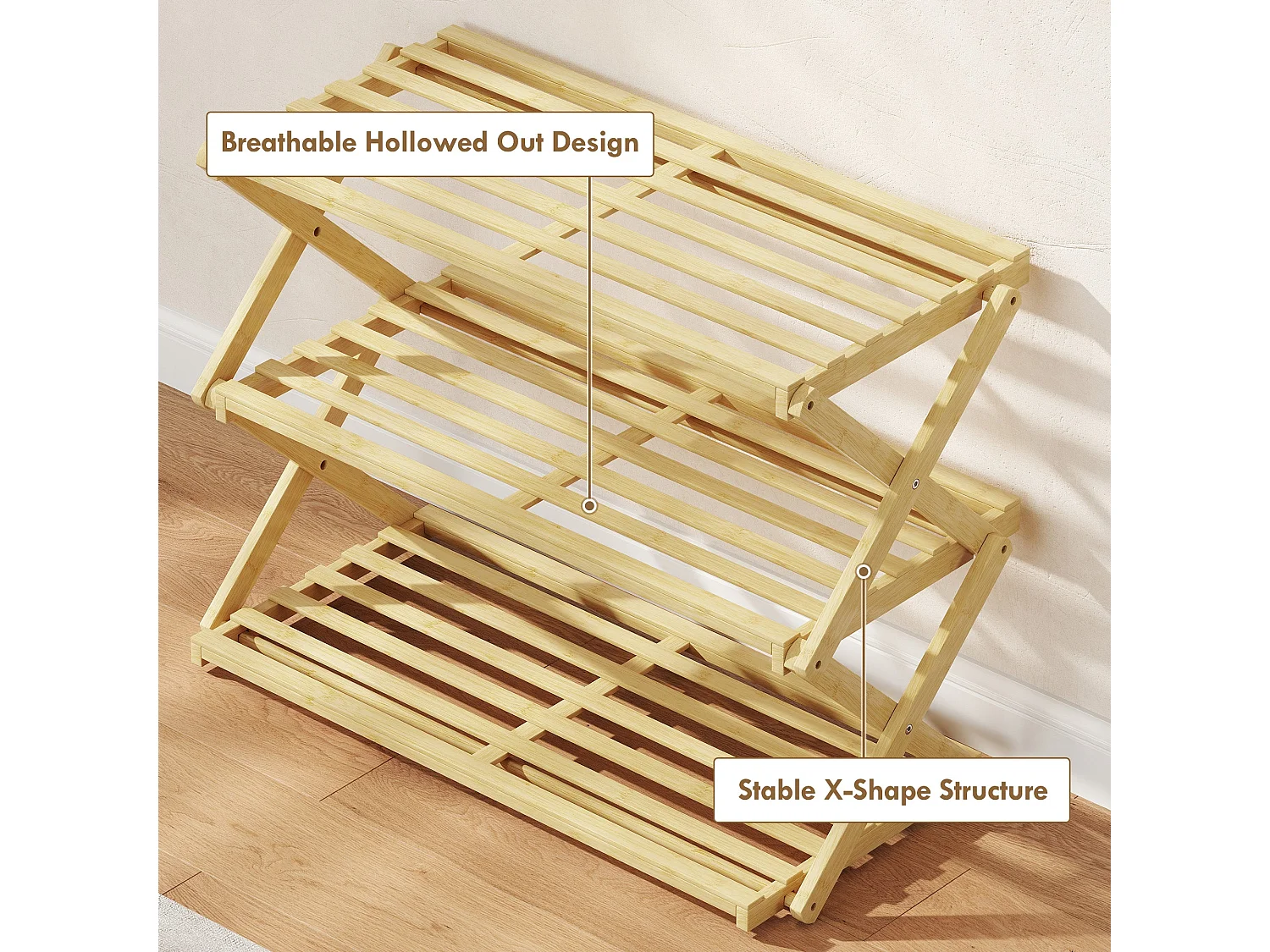 Palu Natural Bamboo 3 Tier Folding Shoe Rack