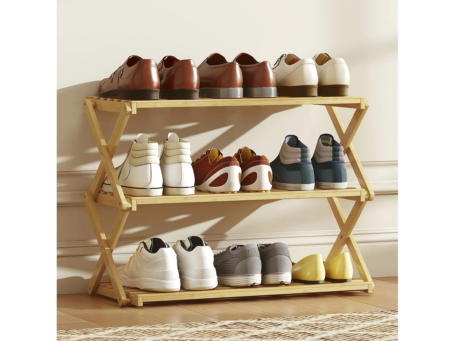 Palu Natural Bamboo 3 Tier Folding Shoe Rack