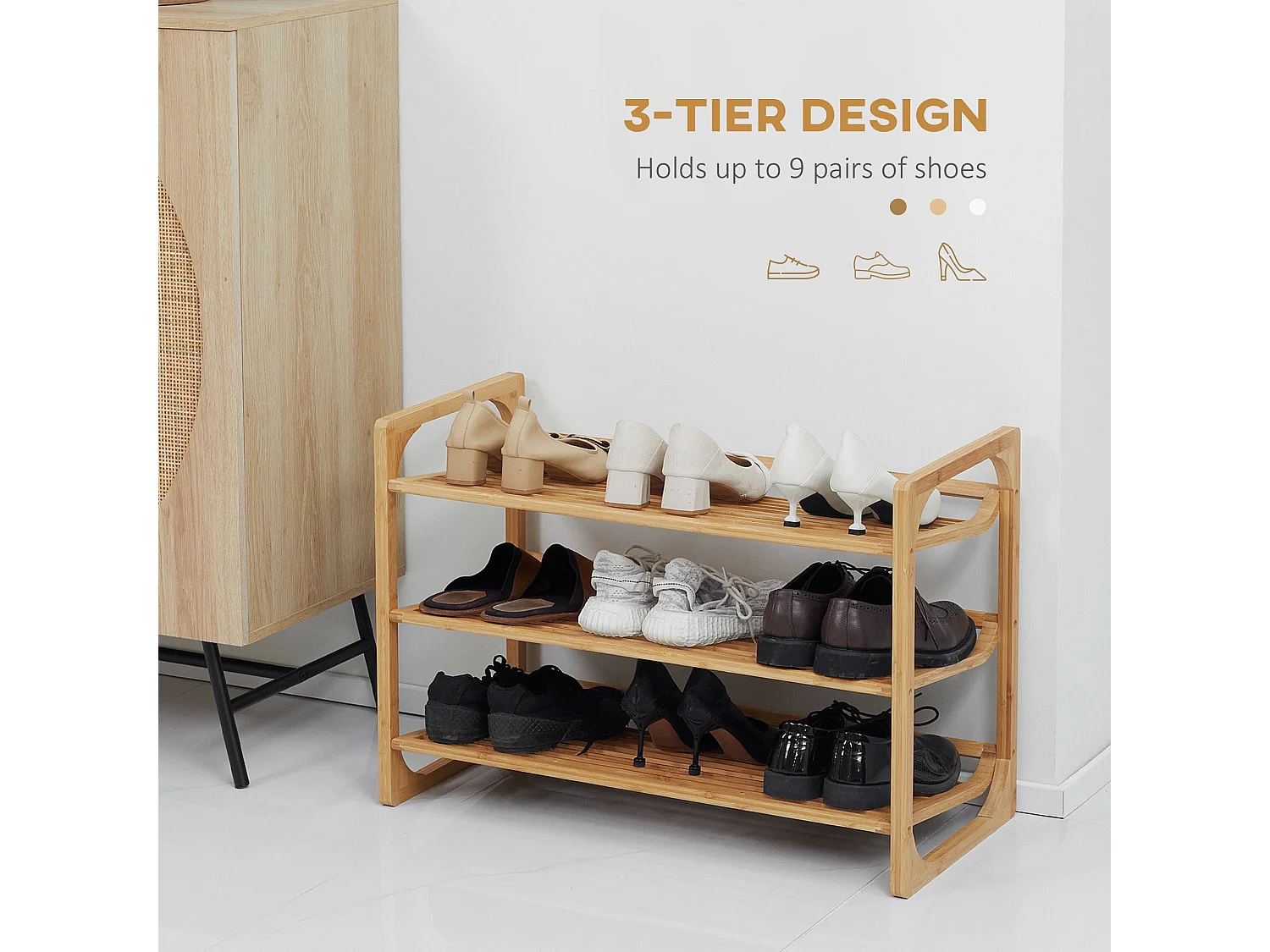 Naveha Natural Bamboo 3 Tier Shoe Rack Slatted Shelves for 9 Pairs