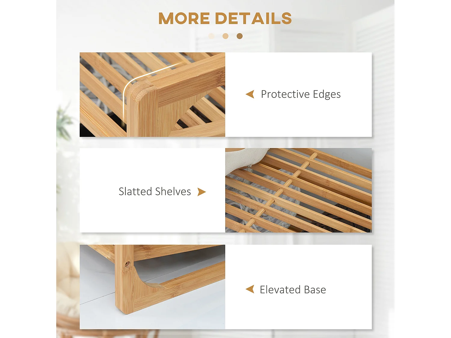 Naveha Natural Bamboo 3 Tier Shoe Rack Slatted Shelves for 9 Pairs