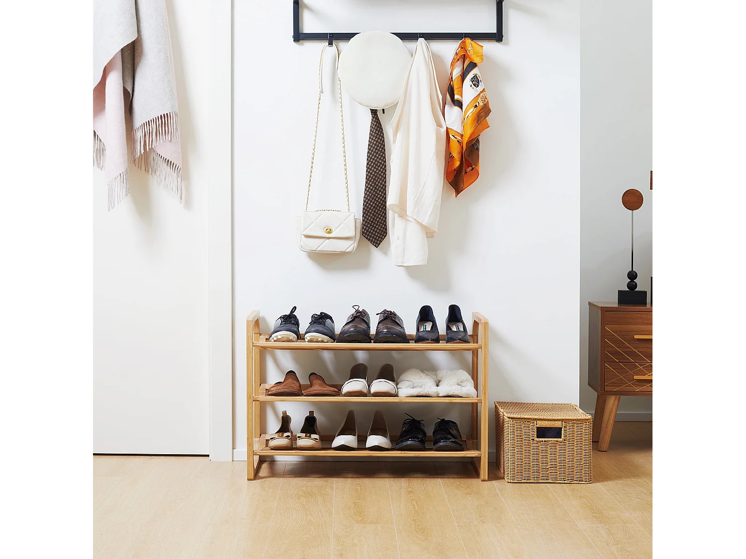 Naveha Natural Bamboo 3 Tier Shoe Rack Slatted Shelves for 9 Pairs