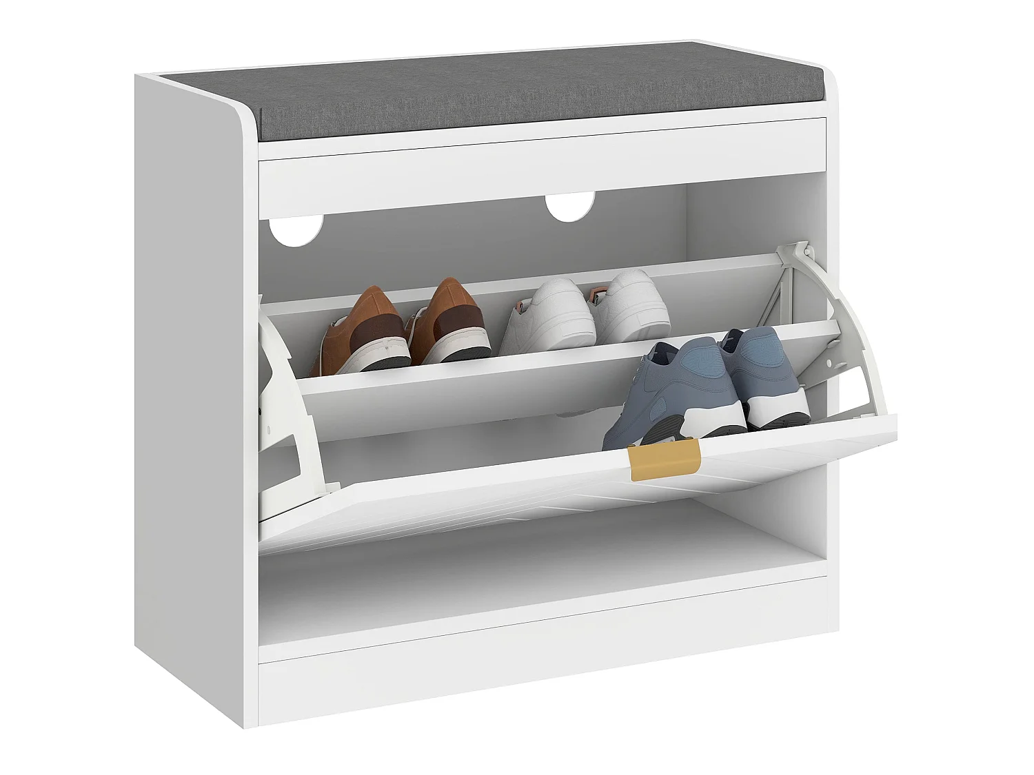 Baniri White MDF Shoe Bench with Grey Padded Seat and Flip Down Drawer
