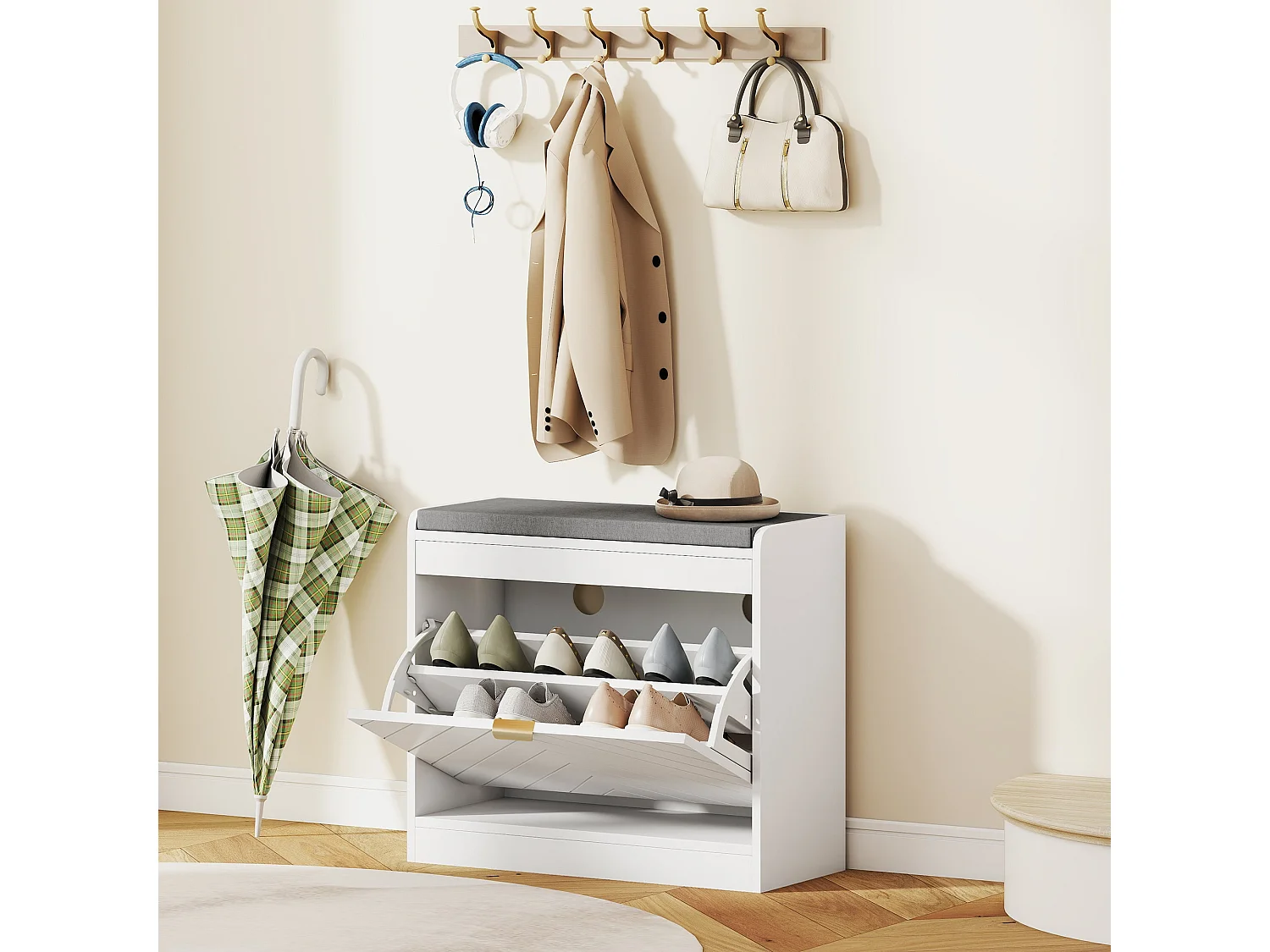 Baniri White MDF Shoe Bench with Grey Padded Seat and Flip Down Drawer