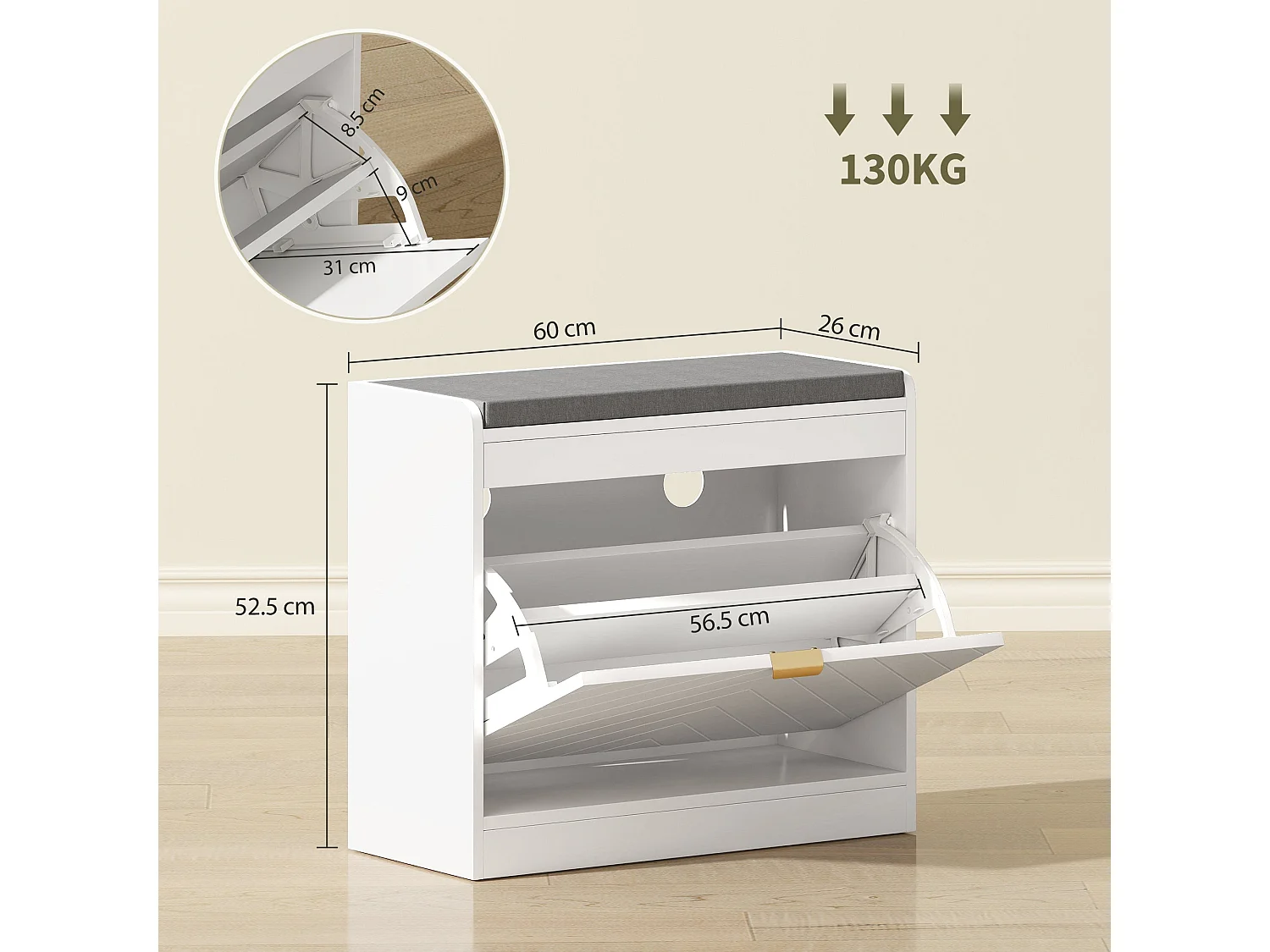 Baniri White MDF Shoe Bench with Grey Padded Seat and Flip Down Drawer