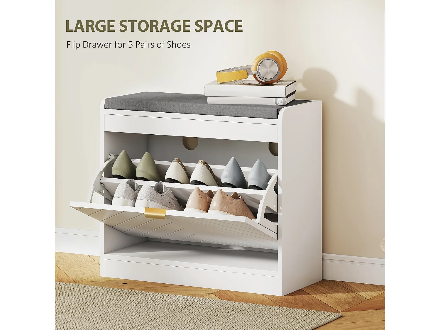 Baniri White MDF Shoe Bench with Grey Padded Seat and Flip Down Drawer