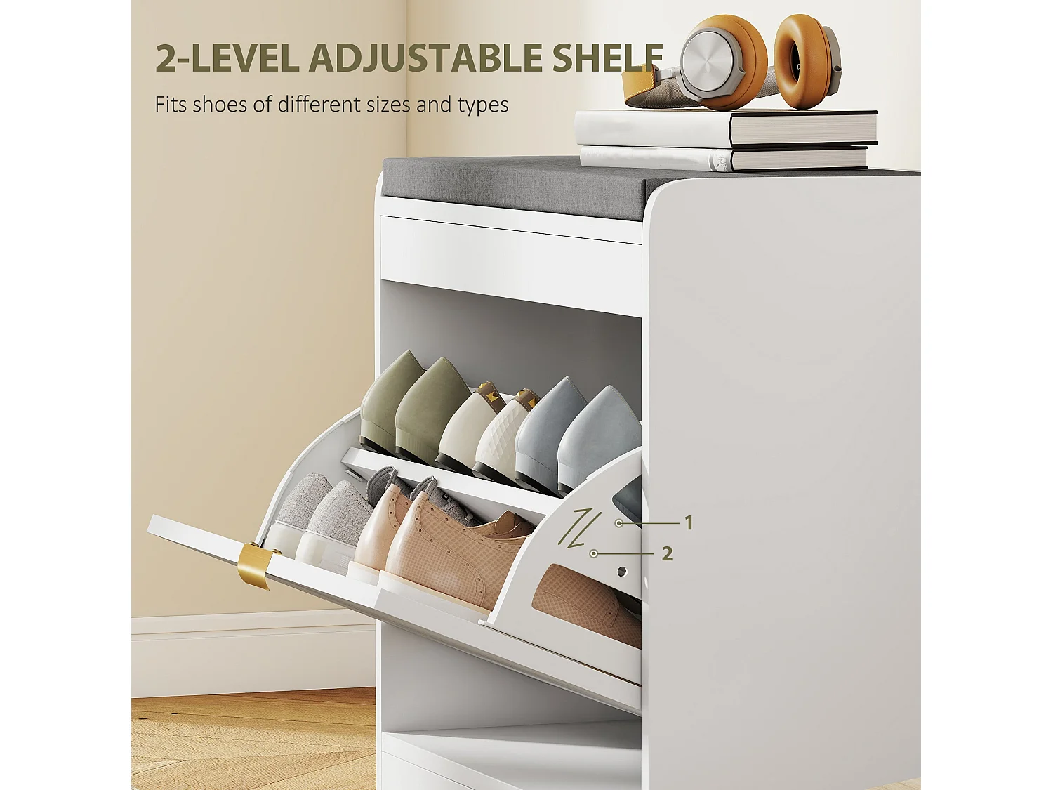 Baniri White MDF Shoe Bench with Grey Padded Seat and Flip Down Drawer