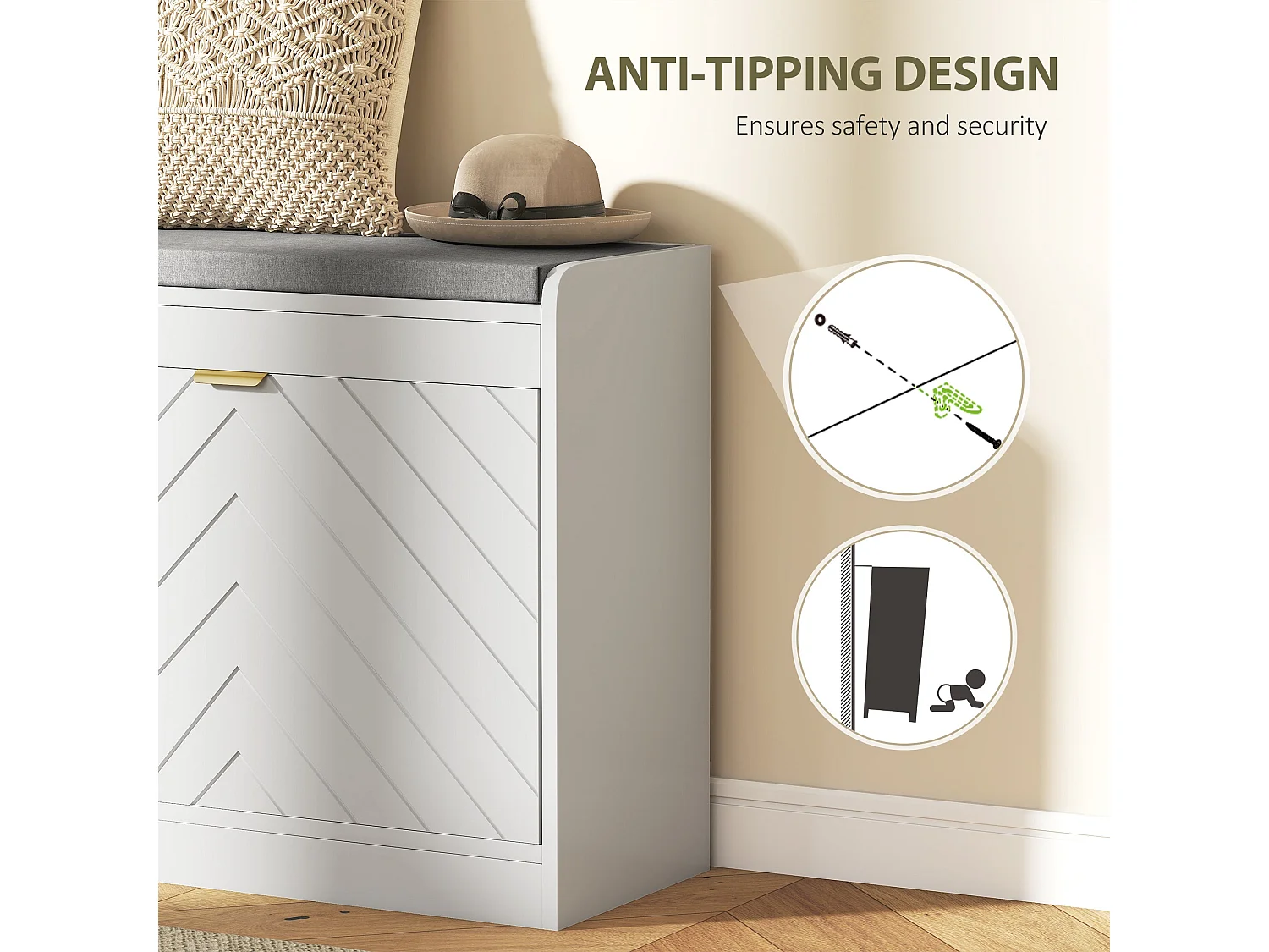 Baniri White MDF Shoe Bench with Grey Padded Seat and Flip Down Drawer
