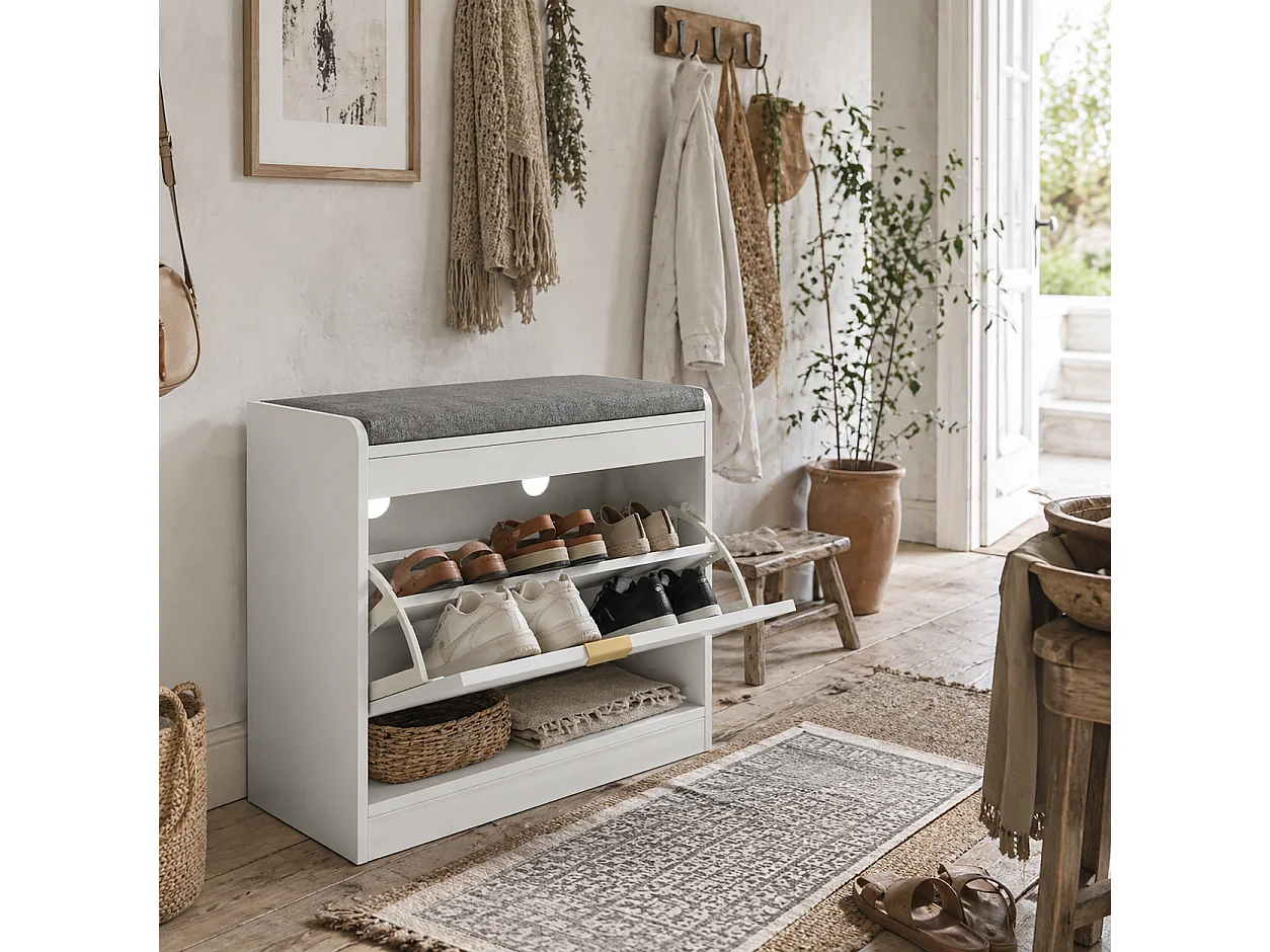 Baniri White MDF Shoe Bench with Grey Padded Seat and Flip Down Drawer