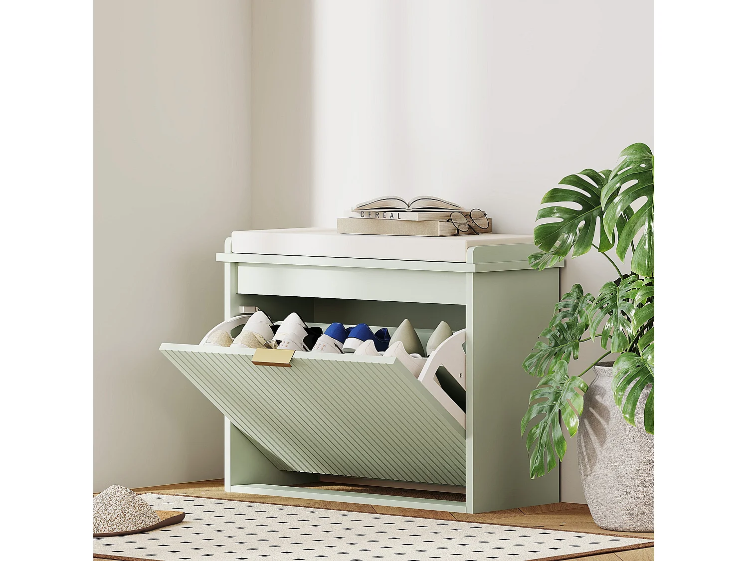 Kalimba Wooden Green 6 Pair Shoe Bench with Beige Cushioned Top