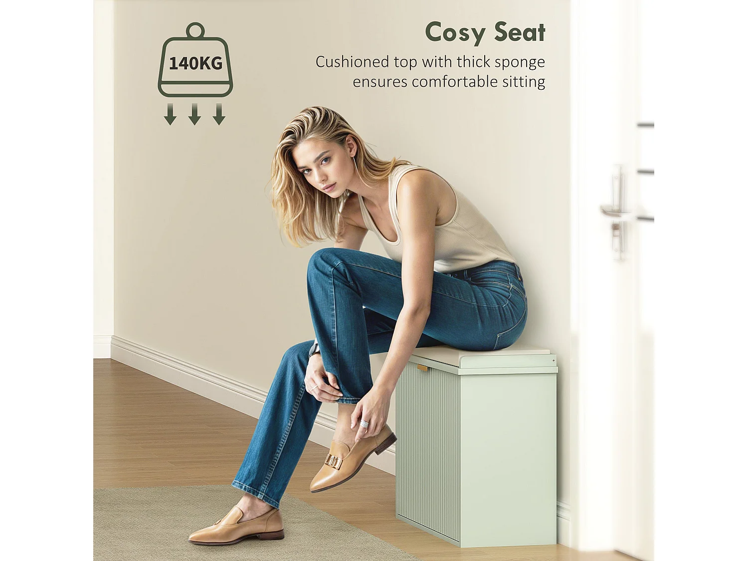 Kalimba Wooden Green 6 Pair Shoe Bench with Beige Cushioned Top