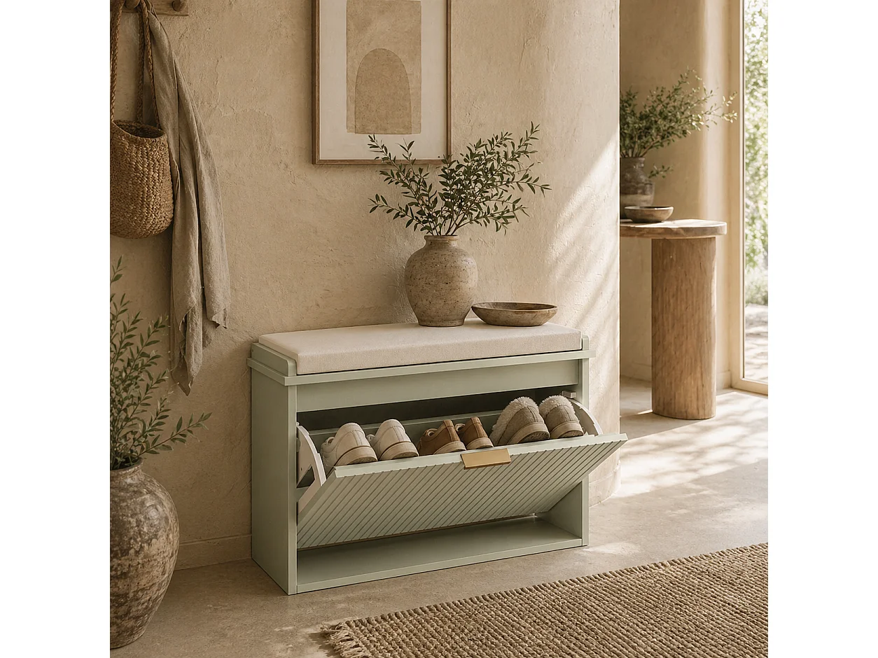 Kalimba Wooden Green 6 Pair Shoe Bench with Beige Cushioned Top