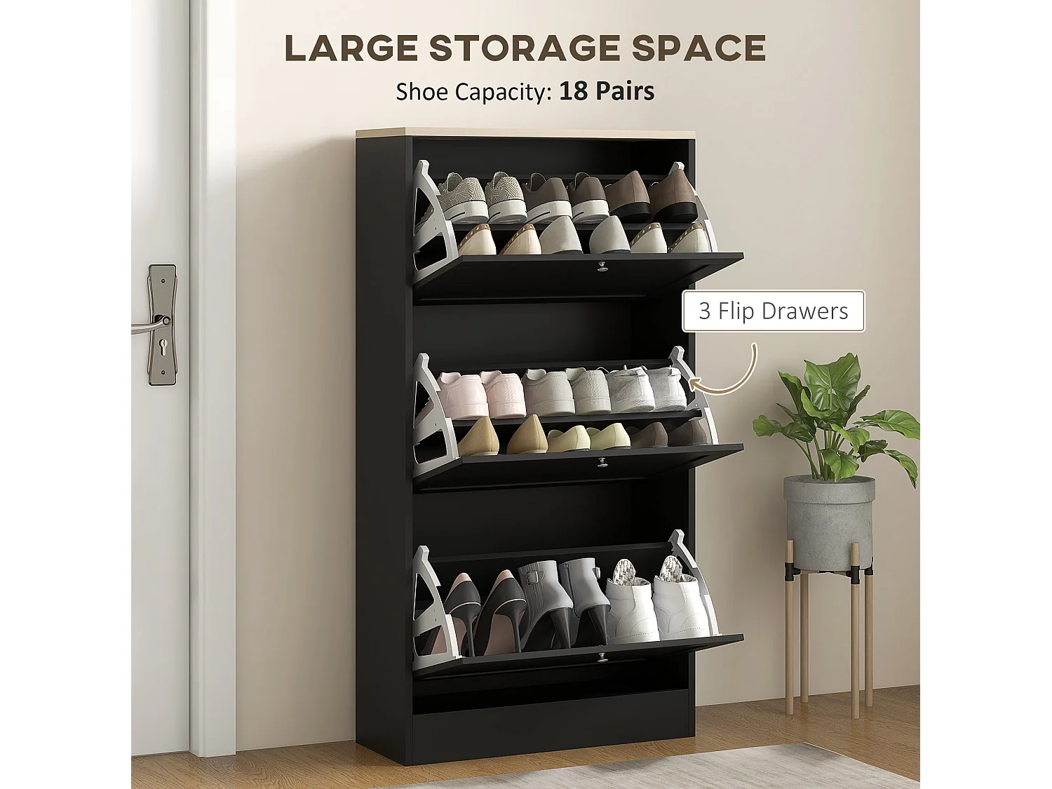 Rani Black Compact 3 Drawer Shoe Cabinet Slim Space Saving Storage