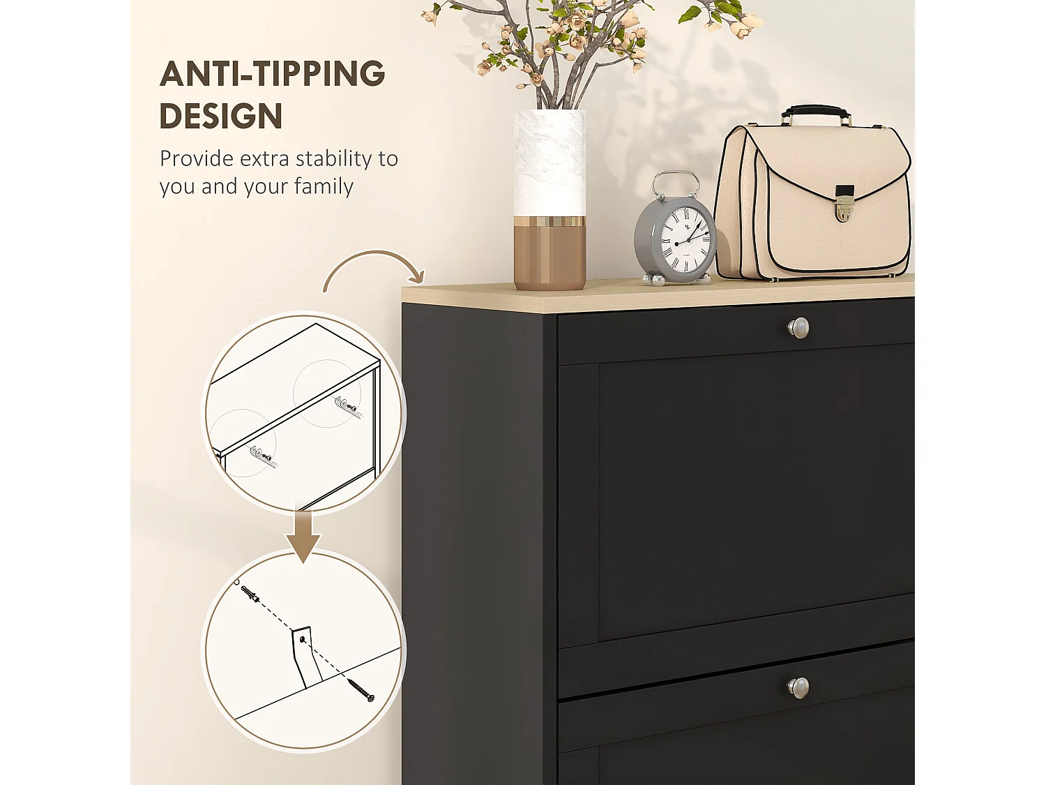 Rani Black Compact 3 Drawer Shoe Cabinet Slim Space Saving Storage