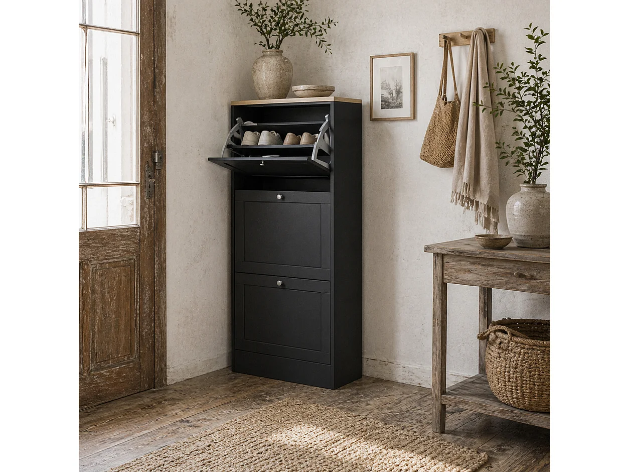 Rani Black Compact 3 Drawer Shoe Cabinet Slim Space Saving Storage