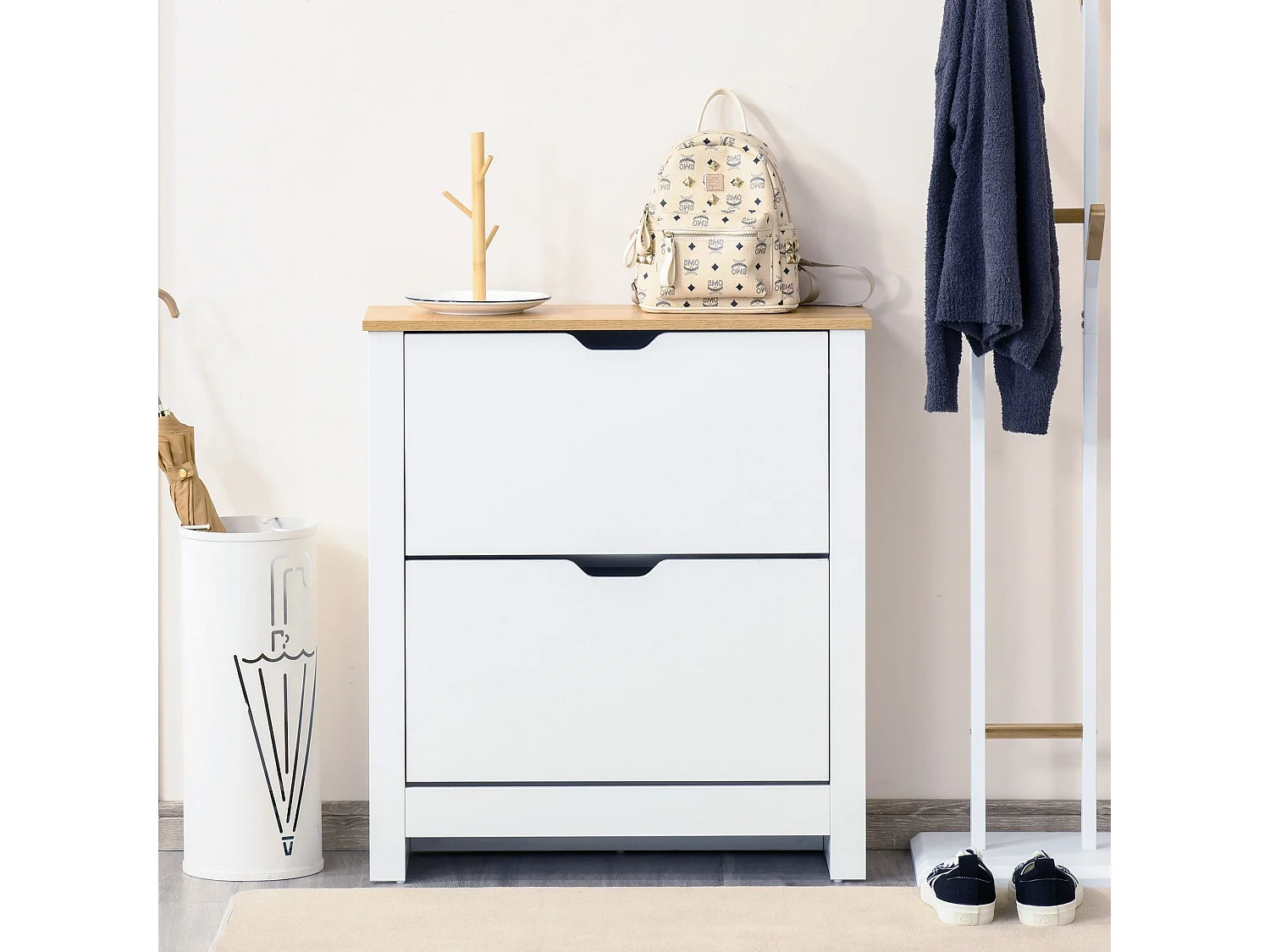 Eldino Slim White and Natural Shoe Cabinet 2 Flip Drawers for 6 12 Pairs