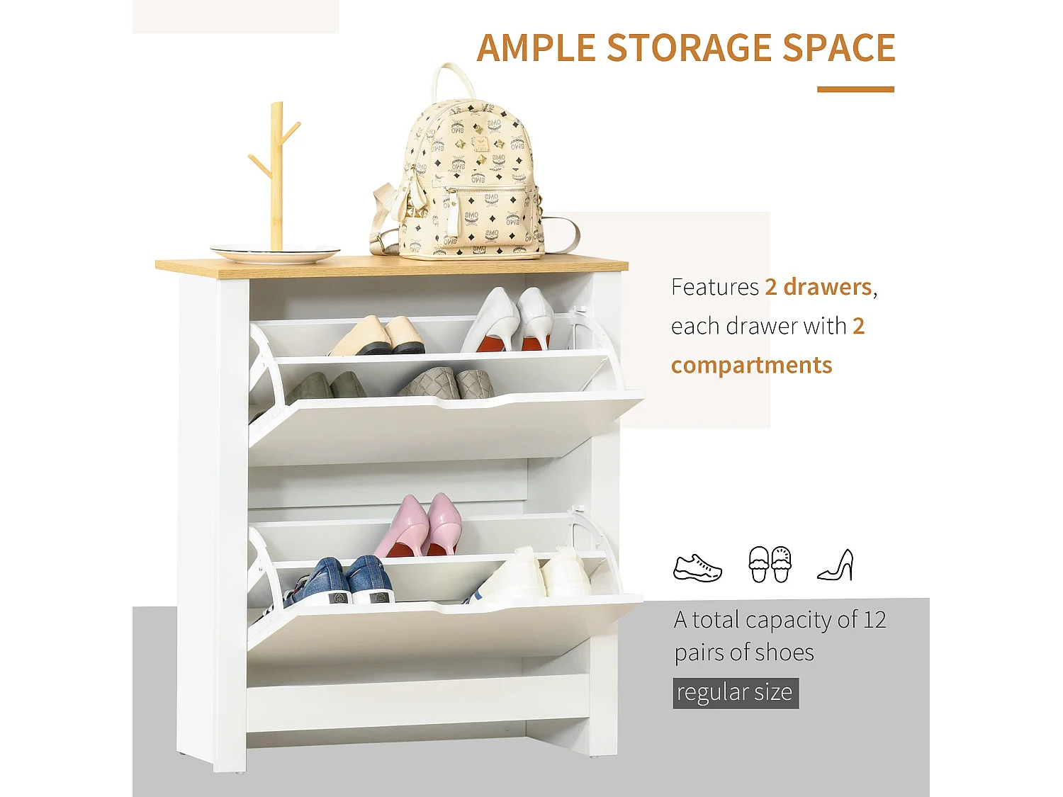 Eldino Slim White and Natural Shoe Cabinet 2 Flip Drawers for 6 12 Pairs